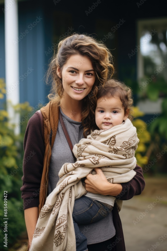 Obraz premium Happy woman holding her baby at her home front-yard