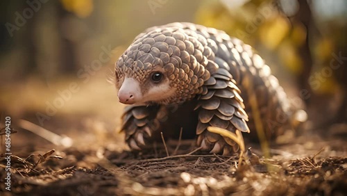 Closeup of a pangolins curious gaze as it stands on its hind legs, observing a potential predator in the distance. photo