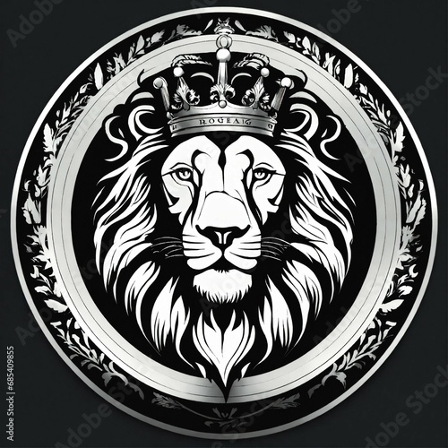 logo rond arrogant d'un lion enragé avec une couronne en noir et blanc photo