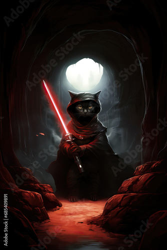 cat wearing hooded robe holding red laser light saber