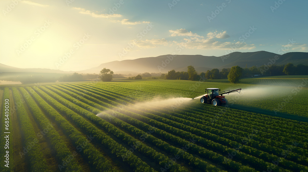 Aerial view of tractor spraying pesticides on green plantation at sunset - obrazy, fototapety, plakaty 