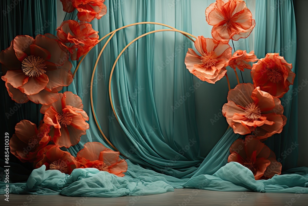 Maternity backdrop, wedding backdrop, photography background, maternity props, Light hoop weaved teal and coral flowers, elegant wall background, flowing white satin drape, backdrop, giant flowers - obrazy, fototapety, plakaty 