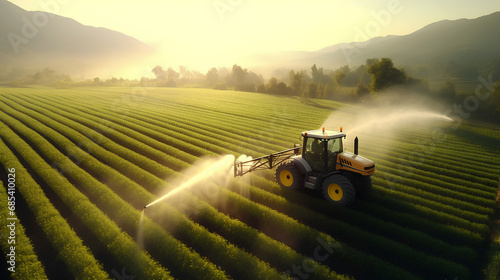 Aerial view of tractor spraying pesticides on green plantation at sunset