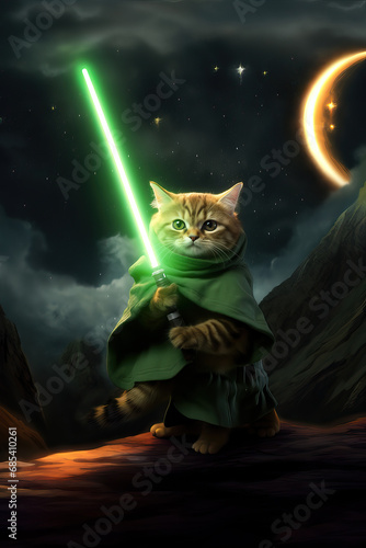 Cat wearing hooded outfit holding green laser light saber