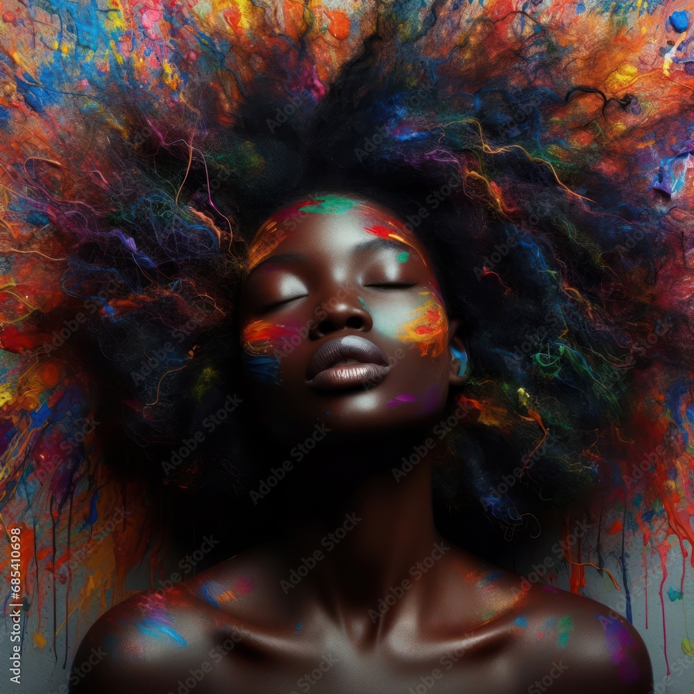 art piece of a beautiful black woman in a rainbow coloured paint explosion