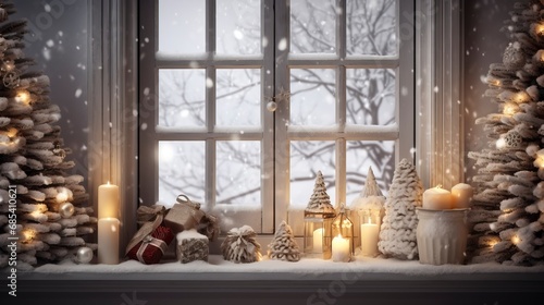 Christmas window sill and fireplace  copy space  generative ai