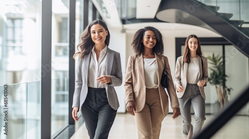 Three business women are walking in the office