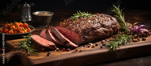 Wagyu bavette steak presented on a wooden board from above with a modern touch. photo