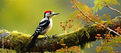 Woodpecker species, Dendrocopos major, on silver birch in UK forest. photo