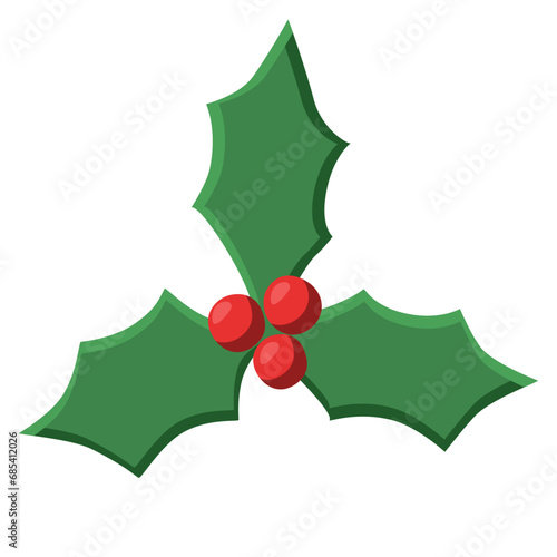 Three holly leaves with berries, winter holidays design element, vector