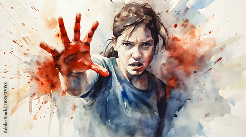Intense watercolor of a girl reaching out with a bloodied hand.