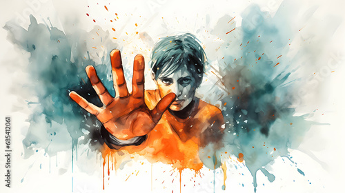 Dynamic painting of a boy with a desperate expression and splattered background.