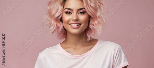 Portrait of beautiful young cauasian model woman smiling on white t-shirt with stylish hair and strong jawline on pastel pin from Generative AI photo
