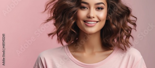 Portrait of beautiful young cauasian model woman smiling on pink t-shirt with stylish hair and strong jawline on pastel pin from Generative AI photo