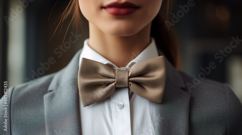 Close-up of a woman in a suit with a bow tie photo