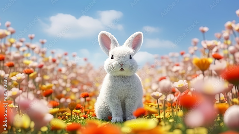 Easter joy in bloom, A bunny frolics in a spring field Easter joy in bloom, A bunny frolics in a spring field