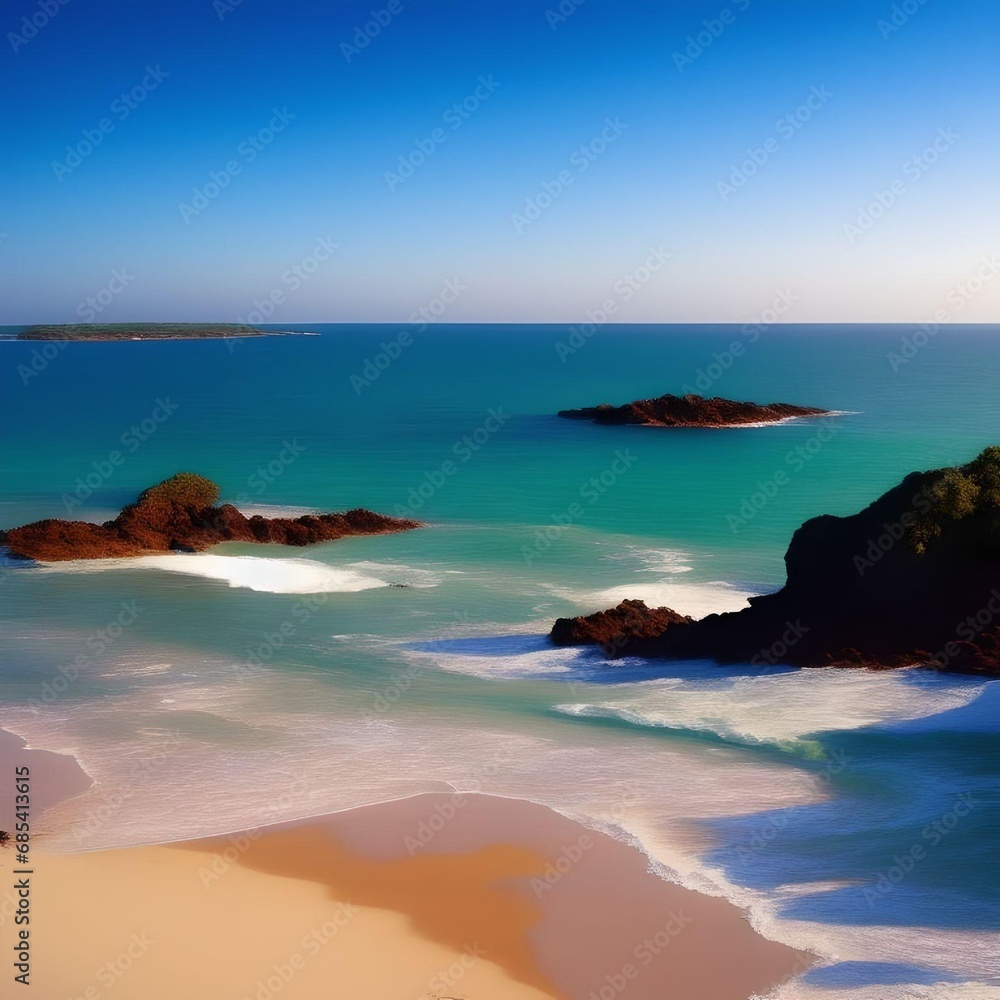 Picturesque Turquoise Beach with Rocks Beach Illustration