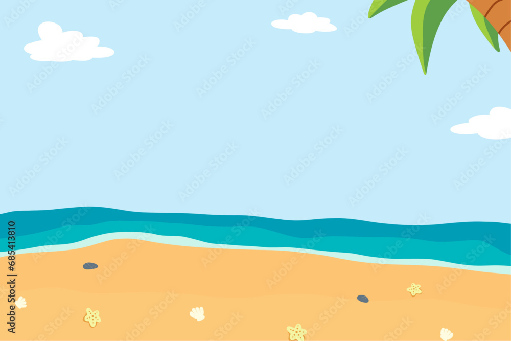 beach background illustration vector with coconut tree, beach sand, seashells, starfish and oceon wave for summer holiday