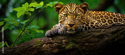 Wild leopard or panther resting on tree in natural monsoon green in Jhalana Forest, Jaipur, Rajasthan, India - Panthera pardus fusca habitat image.