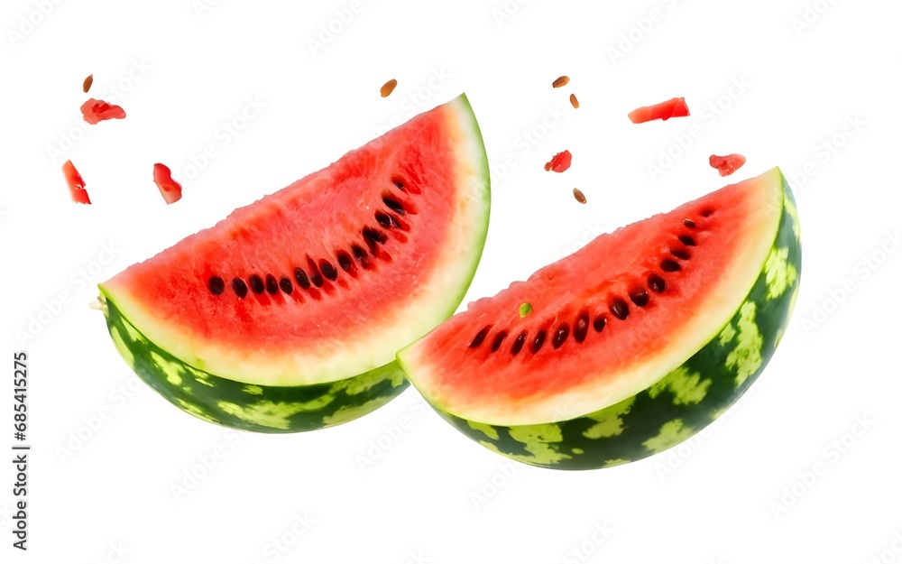 close up watermelon flying in the air, in motion, isolated on white background. close up watermelon flying in the air, in motion, isolated on white background.