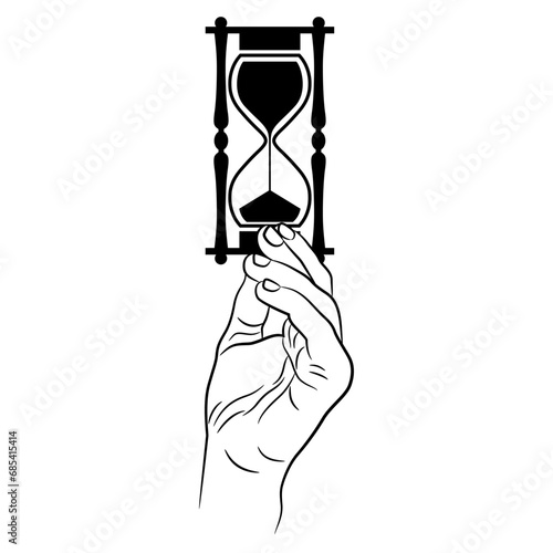 Human hand holding a hourglass or sand clock. Creative philosophical concept. Passage of time and deadline symbol. Black and white silhouette.