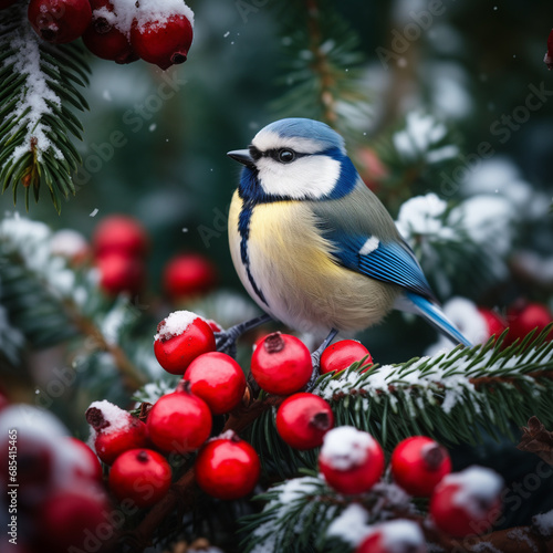 Blue tit in a Christmas tree decorated with red berries  © Hanna