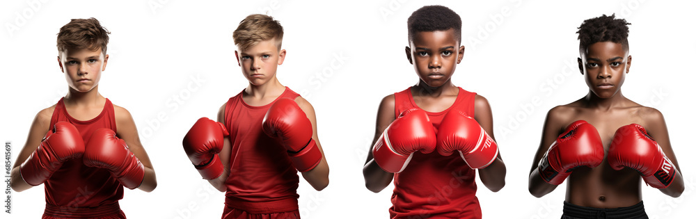 Set of white skin and black skin boys in boxing gloves, a European boy Boxer, an African American Boy boxer, PNG, isolated on a transparent background.