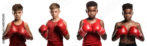 Set of white skin and black skin boys in boxing gloves, a European boy Boxer, an African American Boy boxer, PNG, isolated on a transparent background.