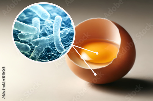 Close-up of egg with salmonella bacteria, a warning about foodborne illnesses. Salmonella Enteritidis photo