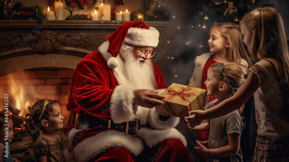 santa clause giving presents to kids on christmas, holiday spirit, giving gifts