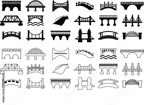 Black Bridges Icons Set. concept of place, visual identity, real estate contour, suspension bridges. Flat style trend modern brand graphic art designs with editable stock on Transparent background.