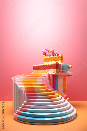 poster design with decoration stairsway and cake photo