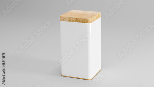 Stainless steel or tin metal blank white container whit wooden lid mockup for branding and design. 3d render illustration. photo