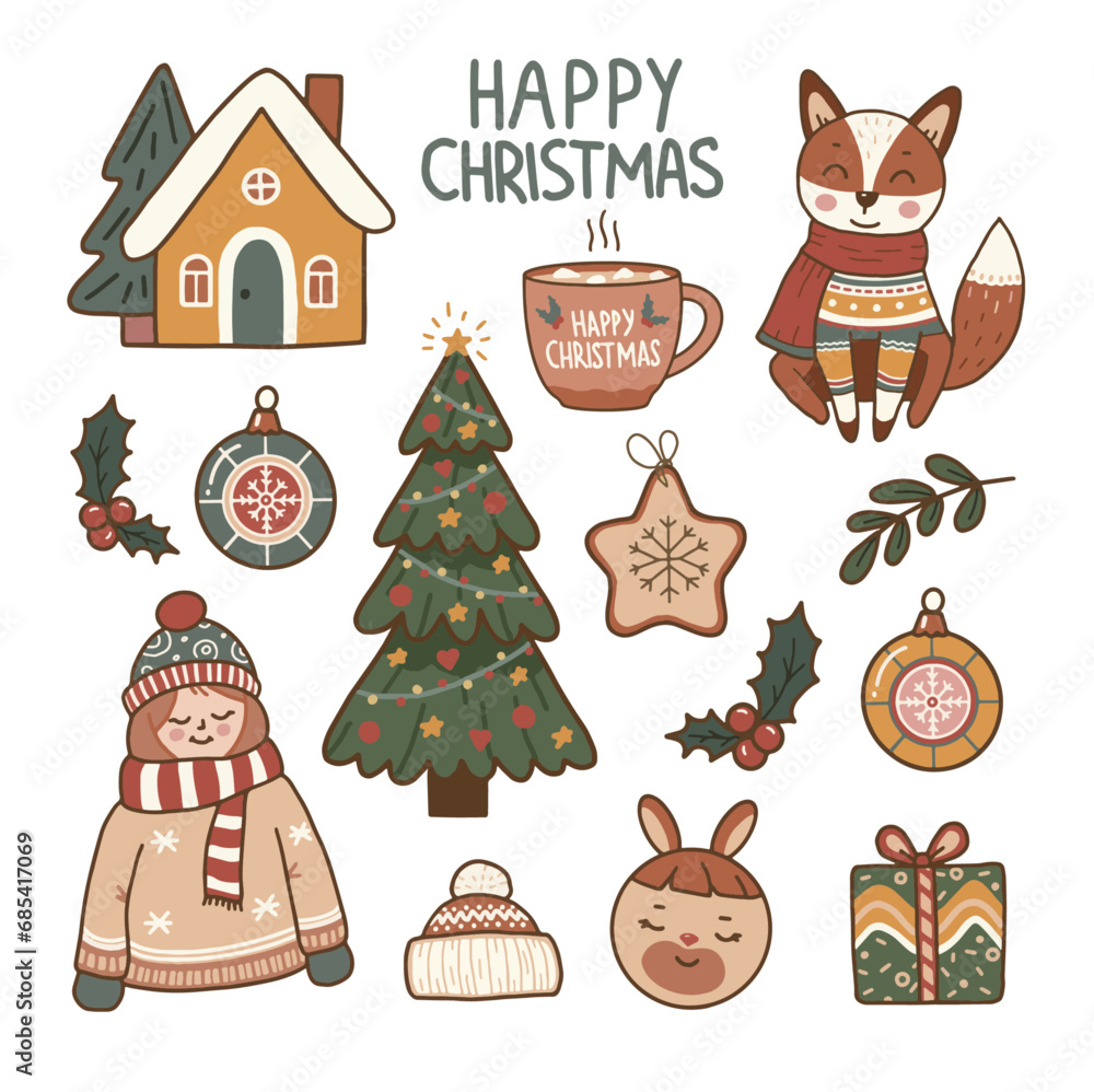 The illustrations include a fox wearing a sweater, a Christmas tree, a house, a mug with “Happy Christmas” written on it, holly, ornaments, a sweater, a reindeer, a gift, a hat, and a scarf.