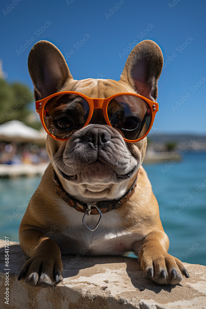 Frenchbulldog in the sunshine wearing sunglasses in the water on the beach chillin' like a villain