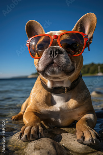 Frenchbulldog in the sunshine wearing sunglasses in the water on the beach chillin' like a villain © Fun it is