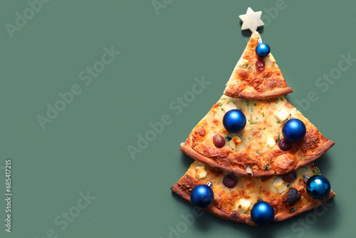 Delicious pizza slices with Christmas toys on green background