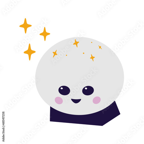 Magic crystal ball for fortune telling and predictions. Cute character in with decorative stars.