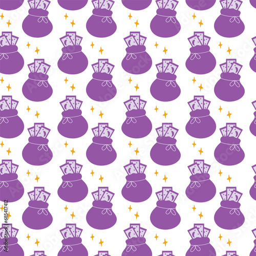 Seamless pattern of magic pouch with Tarot cards and decorative stars in trendy purple monochrome