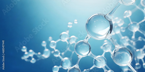 Colorful 3D glass molecules and atoms in blue background.