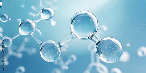 Colorful 3D glass molecules and atoms in blue background.