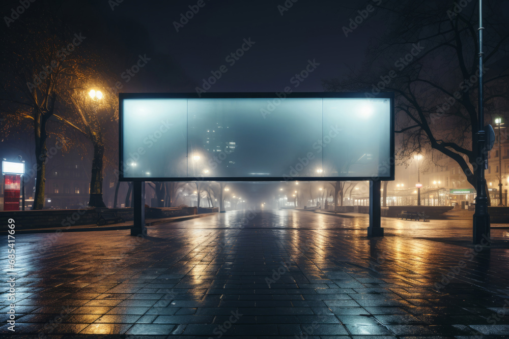Buildings, night or mockup for advertising billboard, commercial product or logo design in city. Empty poster for brand marketing, multimedia or communication space with announcement, urban or banner