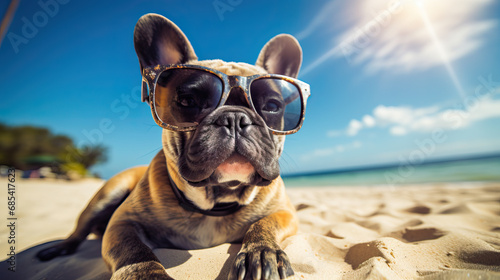 Frenchbulldog in the sunshine wearing sunglasses in the water on the beach chillin' like a villain photo