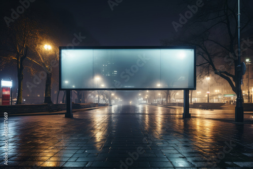 Buildings, night or mockup for advertising billboard, commercial product or logo design in city. Empty poster for brand marketing, multimedia or communication space with announcement, urban or banner