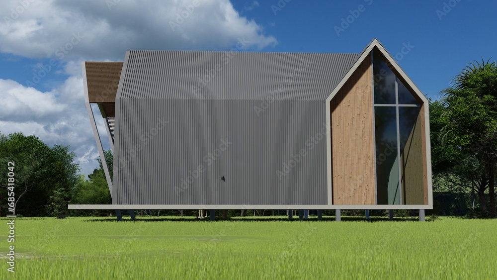 Nordic style cafes with wooden lattice walkways and surrounding the lawn, a wooden bridge raising steps from the entrance to the house, a living room with a 3D design. Nordic style cafes with wooden lattice walkways and surrounding the lawn, a wooden bridge raising steps from the entrance to the house, a living room with a 3D design.