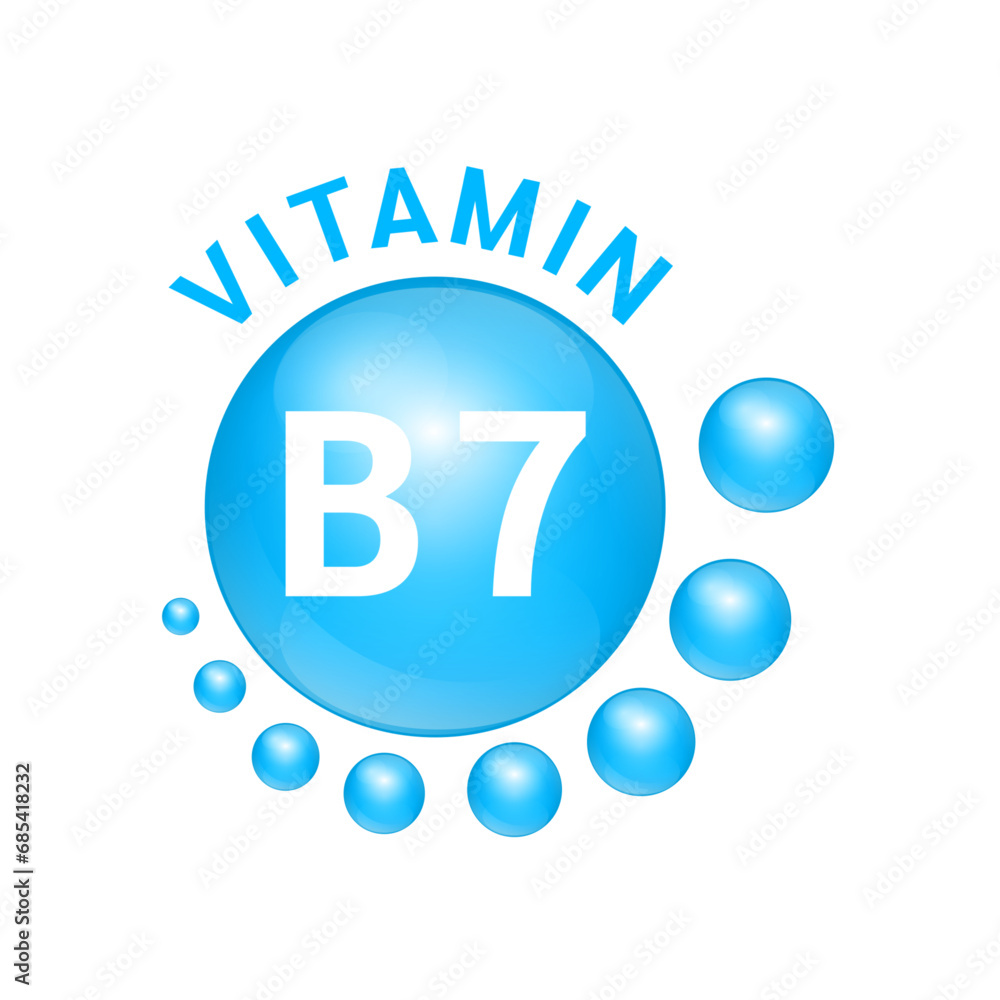 Vitamin B7 blue substance Sign Icon. Realistic design, small circle around. Isolated on white background. Personal care, beauty concept. Medicine health symbol of thiamine. Vector Illustration EPS10. Vitamin B7 blue substance Sign Icon. Realistic design, small circle around. Isolated on white background. Personal care, beauty concept. Medicine health symbol of thiamine. Vector Illustration EPS10.