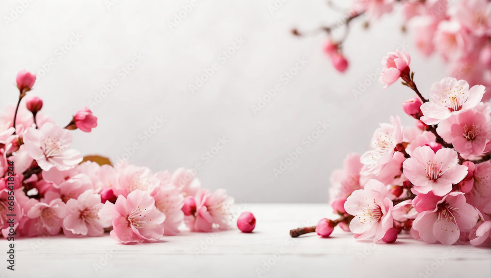 Cherry blossoms on white background. Background with copy space