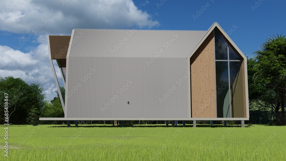 Nordic style cafes with wooden lattice walkways and surrounding the lawn, a wooden bridge raising steps from the entrance to the house, a living room with a 3D design. Nordic style cafes with wooden lattice walkways and surrounding the lawn, a wooden bridge raising steps from the entrance to the house, a living room with a 3D design.
