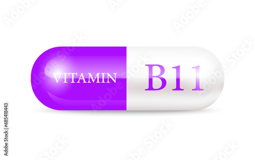 Capsule vitamin B11 (Thiamine) 3D Vector Illustration. Structure purple, white. Vitamin complex with chemical formula. Drug business concept. Personal care, beauty concept. transparent capsule pill.