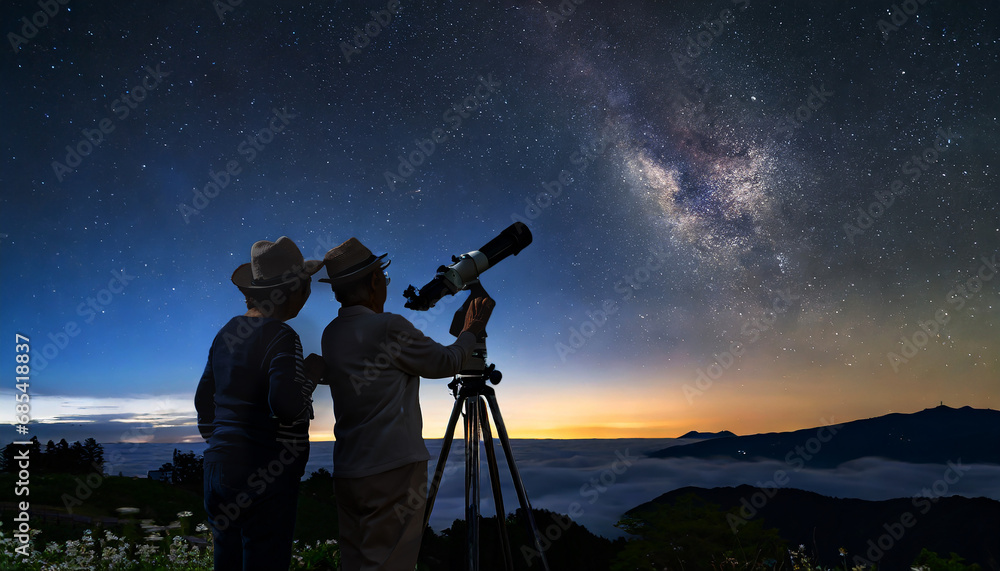 天体観測をするシニアカップル 天体観測をするシニアカップル